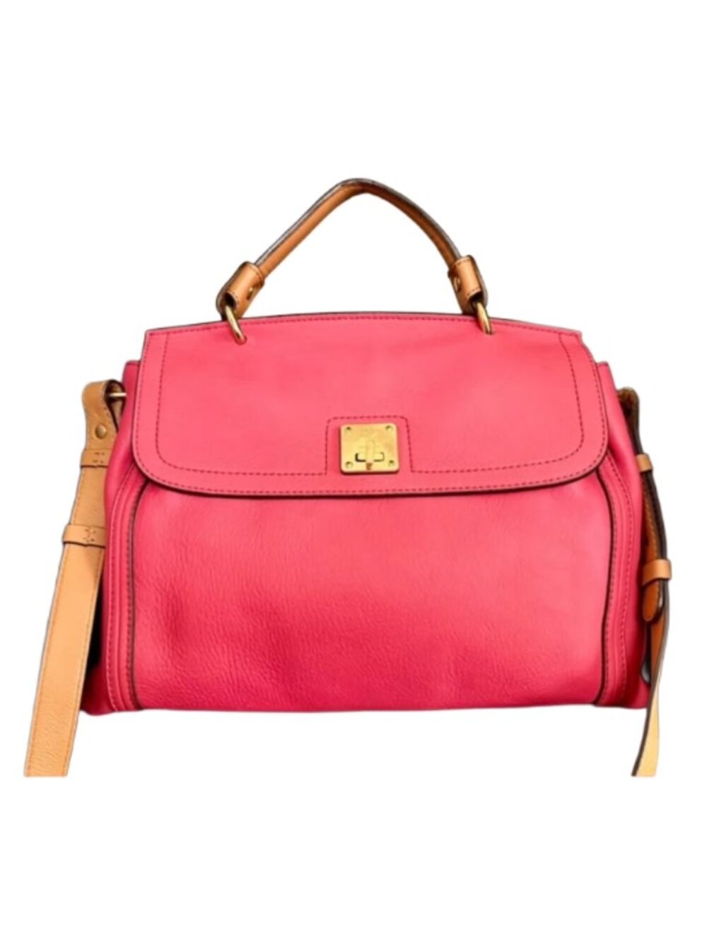 $850 MCM Pink Leather Top-Handle Satchel with Tan Strap